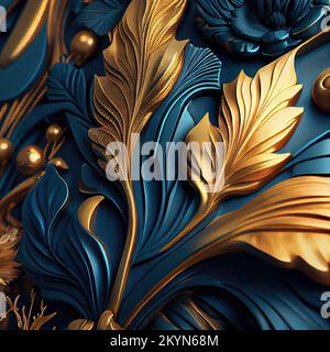 Digital erzeugte Art déco-Dekorelemente in Blau und Gold. Blätter. Stockfoto