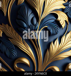 Digital erzeugte Art déco-Dekorelemente in Blau und Gold. Blätter. Stockfoto