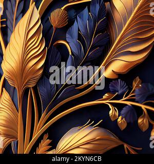 Digital erzeugte Art déco-Dekorelemente in Blau und Gold. Blätter. Stockfoto