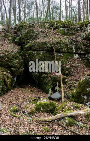 Karstlandschaft im Winter im slowenischen Wald Stockfoto