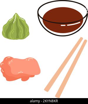 Zutaten für Sushi im flachen Cartoon-Stil. Handgezeichnete Vektordarstellung von Ingwer, Wasabi, Sojasoße, Essstäbchen. Stock Vektor