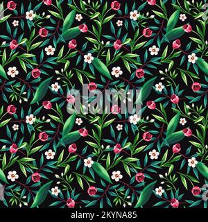 Nahtloses Blumenmuster mit pinkfarbenen und weißen Blumen und grünen Blättern auf schwarzem Hintergrund. Vektordesign Stock Vektor