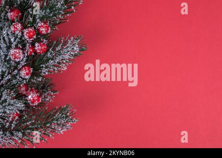 Tannengrüner weihnachtsbaum-Fichte-Ast mit Stechholly bedeckt mit Schnee auf rotem Hintergrund Draufsicht mit Kopierbereich. Stockfoto