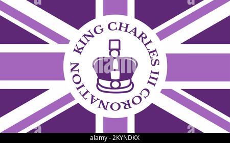 Poster für die Krönung von König Karl III. Mit britischer Flaggendarstellung. Grußkarte zur Feier der Krönung von Prinz Charles von Wales wird König von England. Stock Vektor