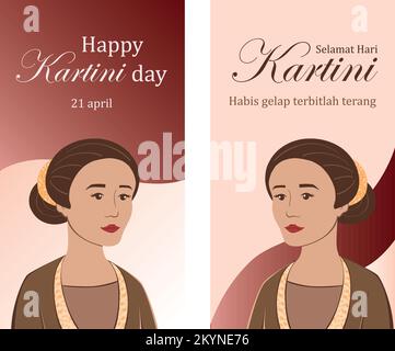 Selamat hari Kartini. Übersetzung Happy Kartini Tag. Habis gelap terbitlah terang bedeutet nach Dunkelheit kommt Licht. Indonesischer Held Kartini mit indonesischer Flagge Vektorgrafik Stock Vektor