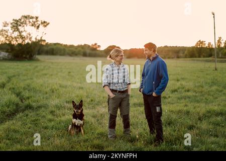 Glückliches, reifes Paar mit Hund, das während des Sonnenuntergangs auf dem Feld sitzt Stockfoto