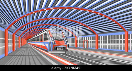 Vektordarstellung des Bahnhofs, roter Zug, der mit der Bahn in blauem Stadtbahnhof mit leeren dunkelgrauen Bahnsteigen fährt Stock Vektor