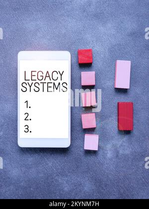 Begriffliche Beschriftung Altsysteme. Wort für Computersystem oder Anwendungsprogramm mit alter Methodentechnologie Stockfoto