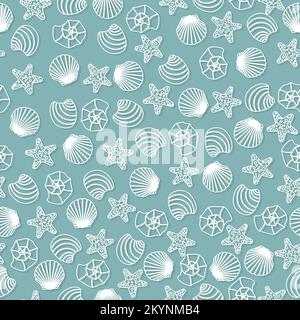 Nahtloses Vektormuster mit Muscheln. Unterwasser-Cartoon-Kreaturen. Meereshintergrund. Süßes Ozeanmuster für Stoff, Kinderkleidung, Textilien, Umhüllung Stock Vektor