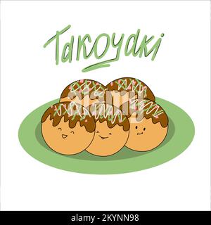 Asiatisches Gericht - Takoyaki. Tintenfisch-Bälle. Japanische Küche. Süßer Charakter. doodle Illustration. Vecto Stock Vektor