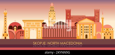 Panorama der Skyline bei Sonnenuntergang über Skopje, Nordmazedonien - Vektordarstellung Stock Vektor