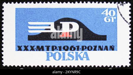 MOSKAU, RUSSLAND - 29. OKTOBER 2022: In Polen gedruckte Briefmarke zeigt Emblem of Poznan, 30. International Fair in der Poznan-Serie, ca. 1961 Stockfoto