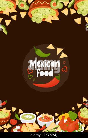 Mexikanisches Essen. Nahtloser vertikaler Vektorrand mit lateinamerikanischen Gerichten Quesadilla, Taco, Guacamole-Sauce mit Nachos, Grün- und Tomatensuppe, Achiote Stock Vektor
