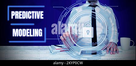 Textzeichen für Predictive Modeling. Wort für eine Wartungsstrategie, die auf vorausschauenden Analysen basiert Stockfoto
