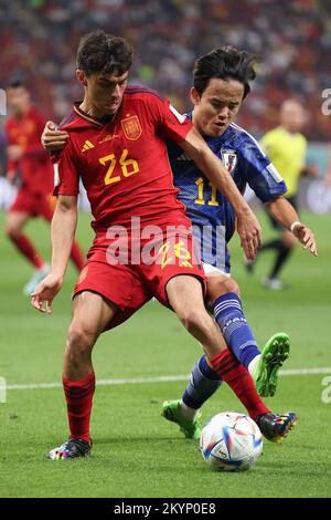 Doha, Katar. 1.. Dezember 2022. Pedri aus Spanien kämpft mit Kubo Takefusa aus Japan während des Gruppe-E-Spiels bei der FIFA-Weltmeisterschaft 2022 im Khalifa International Stadium in Doha, Katar, am 1. Dezember 2022. Kredit: Cao Can/Xinhua/Alamy Live News Stockfoto