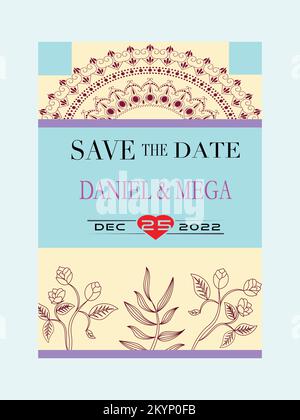 Hochzeitseinladungskarte Vektorvorlage mit Blumen und Blättern im Hintergrund Stock Vektor