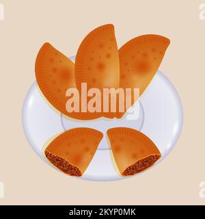 Empanadas ganz und halbiert mit Fleisch auf einem Teller. Traditionelle lateinische und spanische Küche. Köstliches mexikanisches Gebäck mit verschiedenen Belägen. Gebratene Kuchen oder Stock Vektor
