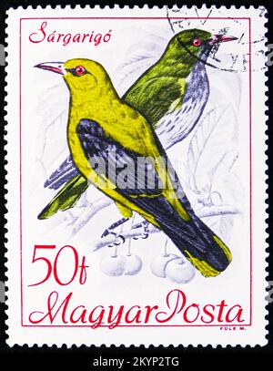 MOSKAU, RUSSLAND - 29. OKTOBER 2022: Auf dem in Ungarn gedruckten Poststempel ist Golden Oriole (Oriolus oriolus), Birds Series, circa 1968, zu sehen Stockfoto