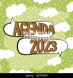 Unterschreiben Sie mit der Agenda 2023. Wort für Liste der Tätigkeiten, in der Reihenfolge, in der sie aufgenommen werden sollen Stockfoto