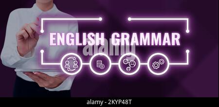 Textzeichen mit englischer Grammatik. Die Kurse für Konzeptfotos decken alle Ebenen der englischen Sprache und des Schreibens ab Stockfoto