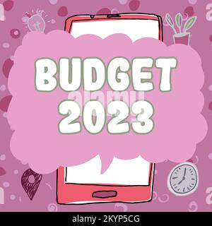 Konzepttitel Budget 2023. Internet Concept-Schätzung der Einnahmen und Ausgaben für das nächste oder laufende Jahr Stockfoto