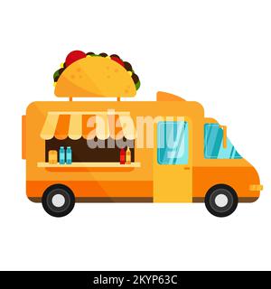 Taco-Truck. Street Fast Food Truck, Take Away Restaurant, Markt in der Straße isolierte Vektorgrafik im flachen Cartoon Stil. Stock Vektor