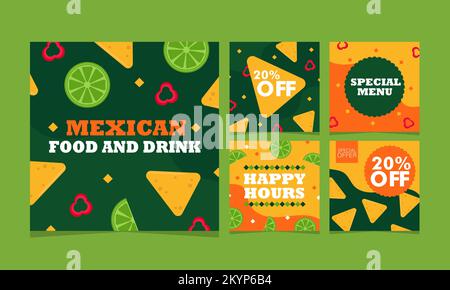 Mexikanisches Speise- und Getränkeset. Sammlung von quadratischen Bannern für soziale Netzwerke. Werbevektordarstellung. Mexikanisches Restaurant. Limette, Nachos, Pfeffer Stock Vektor