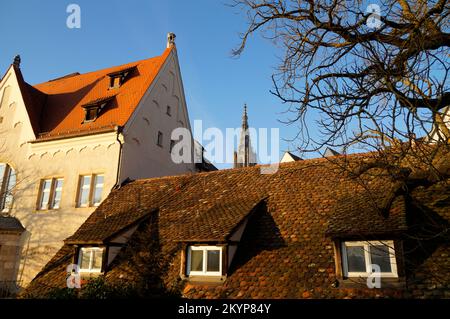 Malerischer Blick auf die Stadt Ulm mit ihrem berühmten gotischen Ulmer Münster oder Ulmer Münster und antiken Fachwerkhäusern an einem sonnigen Winterabend in Deutschland Stockfoto