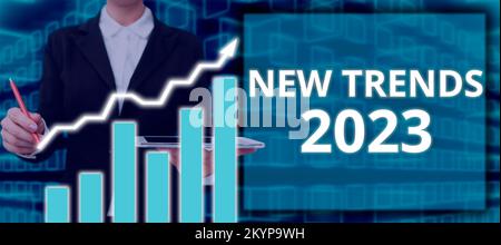 Textbeschriftung mit neuen Trends 2023. Geschäftskonzept, allgemeine Richtung, in die sich etwas entwickelt Stockfoto
