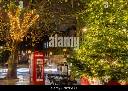 Hampstead zeigt seine Weihnachtslichter und einen Baum. Eine alte rote Telefonzelle wird manchmal als eine kleine Kaffeebar und für Werbeträger verwendet. Stockfoto