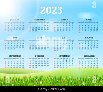 Kalender für 2023 mit frischem grünen Gras und Blumen als Hintergrund. Vektordarstellung Stock Vektor