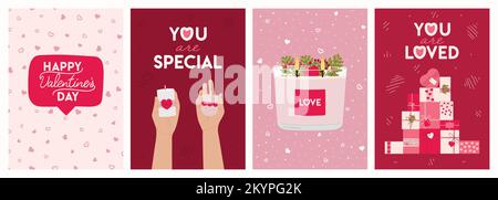 Set mit Valentinstagskarten mit Kerzen, Händen, Geschenkschachteln, Grün und Wunschbuchstaben. Poster zum Valentinstag, Einladung. Null Stock Vektor