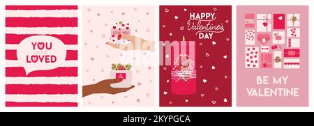 Set mit Valentinstagskarten mit Kerzen, Händen, Geschenkschachteln, Grün und Wunschbuchstaben. Poster zum Valentinstag, Einladung. Null Stock Vektor