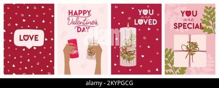 Set mit Valentinstagskarten mit Kerzen, Händen, Geschenkschachteln, Grün und Wunschbuchstaben. Poster zum Valentinstag, Einladung. Null Stock Vektor