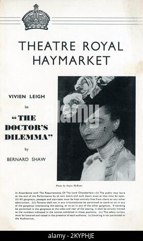 Titelseite des britischen Theaterprogramms für VIVIEN LEIGH in A Revival of THE DOCTOR's DILEMMA von GEORGE BERNARD SHAW, Regie VON IRENE HENTSCHEL im Theatre Royal, Haymarket, London, eröffnet am 4.. März 1942 Stockfoto