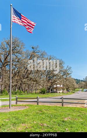 Die amerikanische Flagge fliegt im Dorris Ranch Park in der Nähe von Springfield, Oregon. Stockfoto