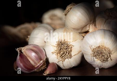 Nahaufnahme von geschältem und ungeschältem Knoblauch. Die Knollen liegen auf einem Holztisch vor einem dunklen Hintergrund. Stockfoto