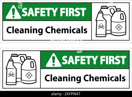 Schild „Safety First Sign Cleaning Chemicals“ Auf Weißem Hintergrund Stock Vektor