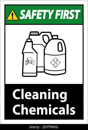 Schild „Safety First Sign Cleaning Chemicals“ Auf Weißem Hintergrund Stock Vektor