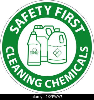 Schild „Safety First Sign Cleaning Chemicals“ Auf Weißem Hintergrund Stock Vektor