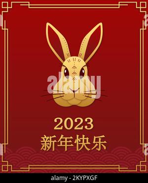 Chinesisches Neujahr 2023 Jahr des Kaninchens - chinesisches Zodiaksymbol. Vektorabbildung für Grußkarte, Poster. Chinesische Übersetzung - Frohes neues Jahr Stock Vektor