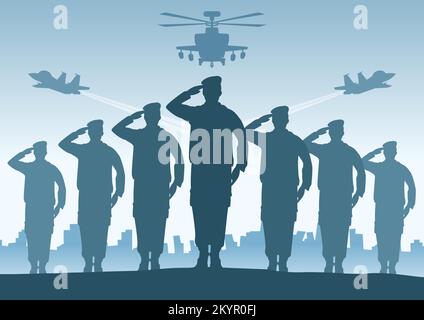 Silhouettendesign von Soldat steht und salutiert, Vektordarstellung Stock Vektor