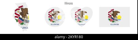 Symbolgruppe für Kennzeichen „Illinois“. Amerikanische Staatswölfe in offiziellen Farben und Proportionen. Rechteckig, kartenförmig, kreisförmig und herzförmig. Flachvektorillus Stock Vektor