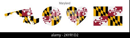Symbolgruppe für Maryland-Flaggen. Amerikanische Staatswölfe in offiziellen Farben und Proportionen. Rechteckig, kartenförmig, kreisförmig und herzförmig. Flachvektorillus Stock Vektor