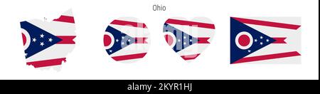 Symbolgruppe für Ohio-Flag. Amerikanische Staatswölfe in offiziellen Farben und Proportionen. Rechteckig, kartenförmig, kreisförmig und herzförmig. Flachvektordarstellung Stock Vektor