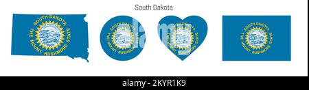 South Dakota Flaggen-Symbolgruppe. Amerikanische Staatswölfe in offiziellen Farben und Proportionen. Rechteckig, kartenförmig, kreisförmig und herzförmig. Flacher Vektor i Stock Vektor