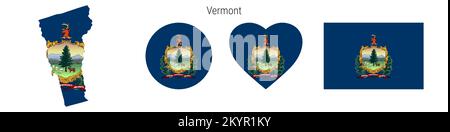 Symbolgruppe für Kennzeichen „Vermont“. Amerikanische Staatswölfe in offiziellen Farben und Proportionen. Rechteckig, kartenförmig, kreisförmig und herzförmig. Flache Vektorbeleuchtung Stock Vektor