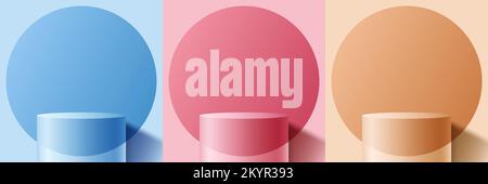 Set aus Blau, Pink und Orange realistischer 3D-Zylinder-Podium-Sockel mit kreisförmigem Hintergrund und minimalem Hintergrund für Wandszenen. Produktanzeige für c Stock Vektor