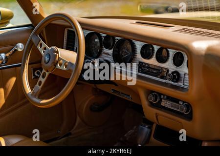 Armaturenbrett und Instrumententafel eines Pontiac Firebird Trans am der zweiten Generation in Kamelbraun Stockfoto