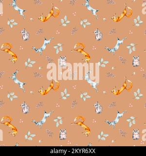 Wilde Tiere, Hasen, Füchse, Eulen und Pflanzen sind wasserfarben, nahtlos isoliert auf Beige. Winterliches Waldmotiv, handgezeichnet. Design für Textil, w Stockfoto